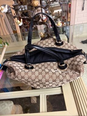 Gucci Beige & Black GG Canvas Shoulder Bag